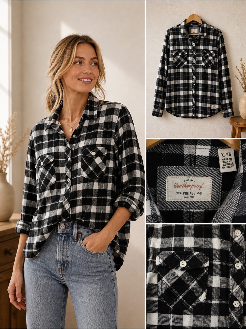 VINTAGE Weatherproof  100% cotton XL flannel plaid button down shirt black white